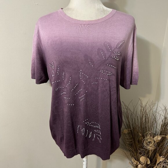 Alfred Dunner Women Purple Ombre Knit Sweater Short Sleeve Beadwork Floral Sz M - Picture 1 of 6